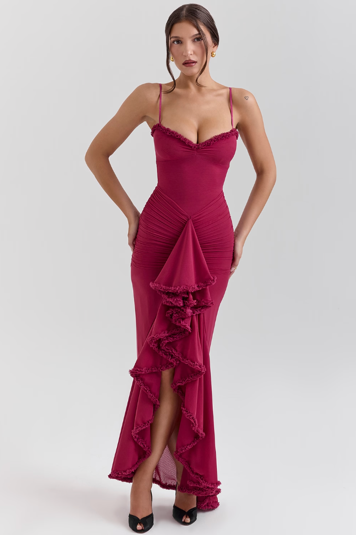 Marencine — Ruched Maxi Dress with Asymmetrical Ruffle Hem