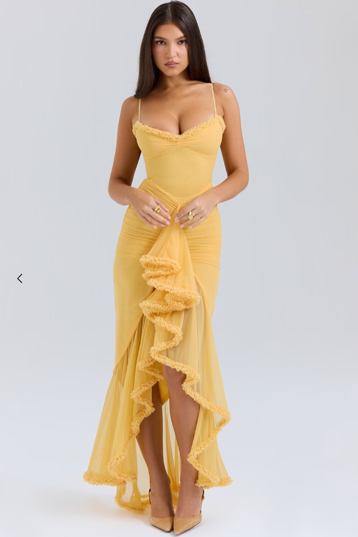 Marencine — Ruched Maxi Dress with Asymmetrical Ruffle Hem