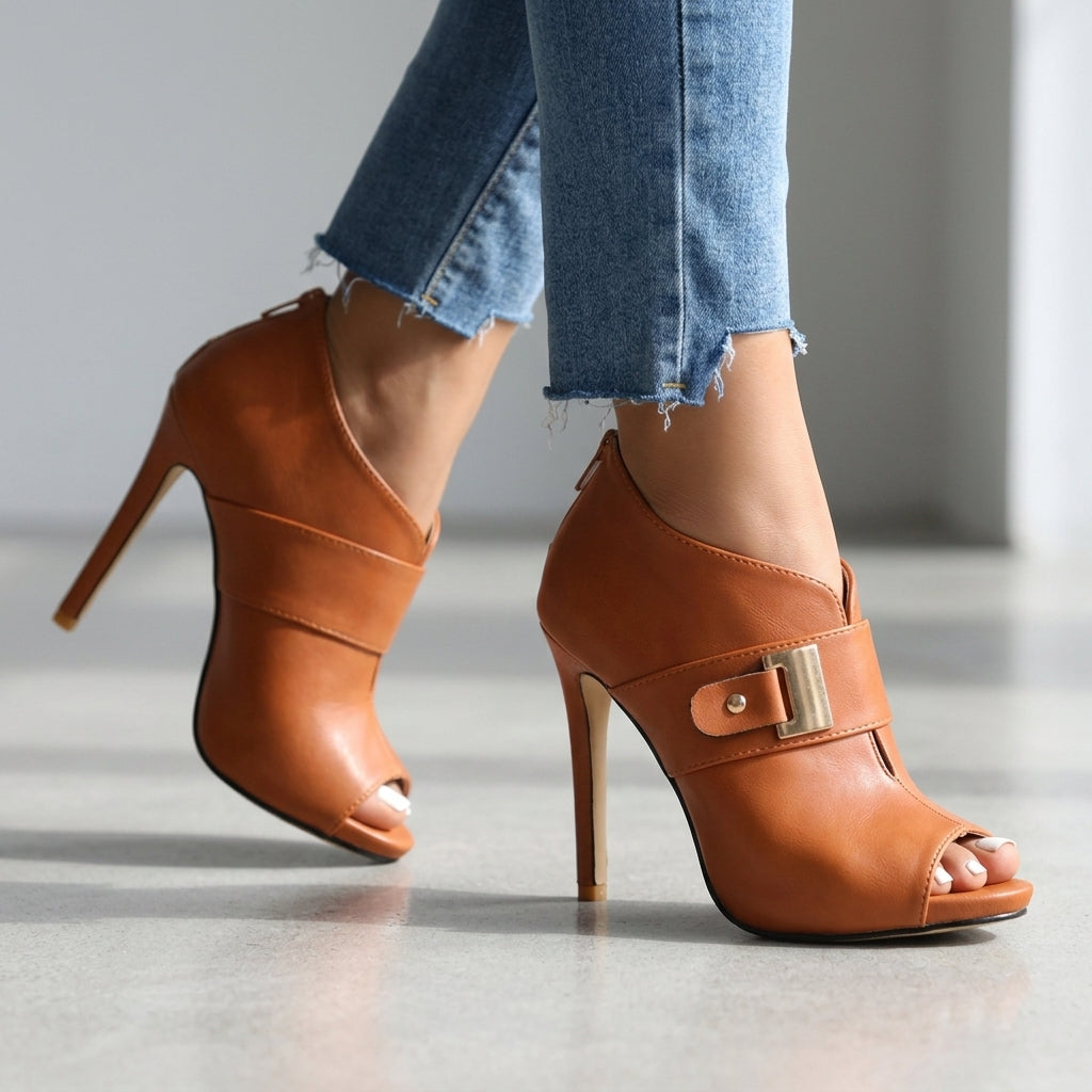 Marenlia | Women's Peep Toe Buckle Heeled Booties — 1