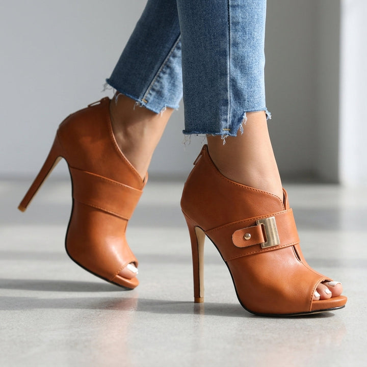 Marenlia | Women's Peep Toe Buckle Heeled Booties — 1