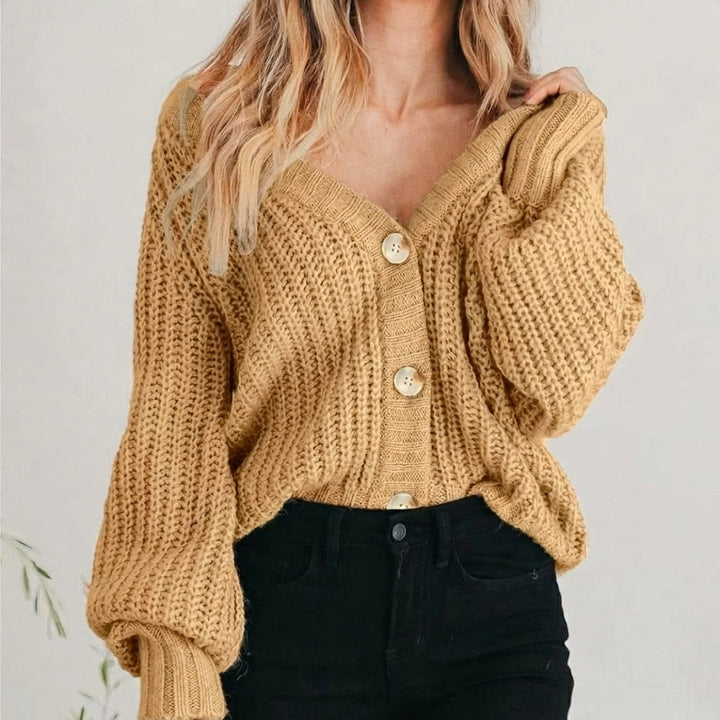Marenolde | Women's Cozy Knit V-Neck Long Sleeve Cropped Cardigan — 1