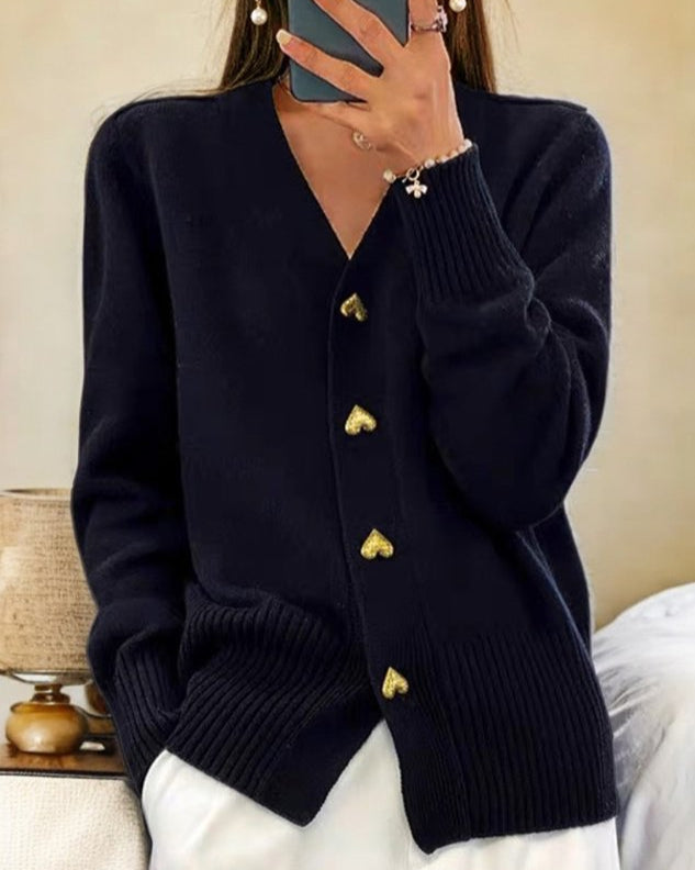 Marenthea | Women's Cozy V-Neck Knit Cardigan, Heart Buttons — Black