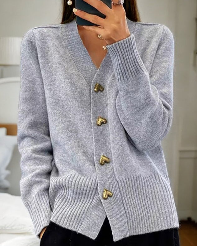 Marenthea | Women's Cozy V-Neck Knit Cardigan, Heart Buttons — Grey