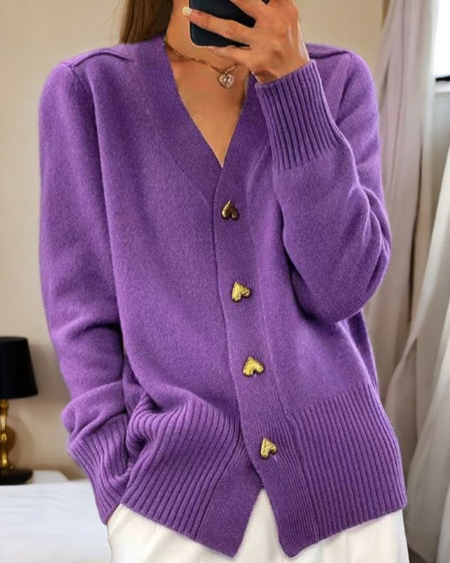 Marenthea | Women's Cozy V-Neck Knit Cardigan, Heart Buttons — Purple
