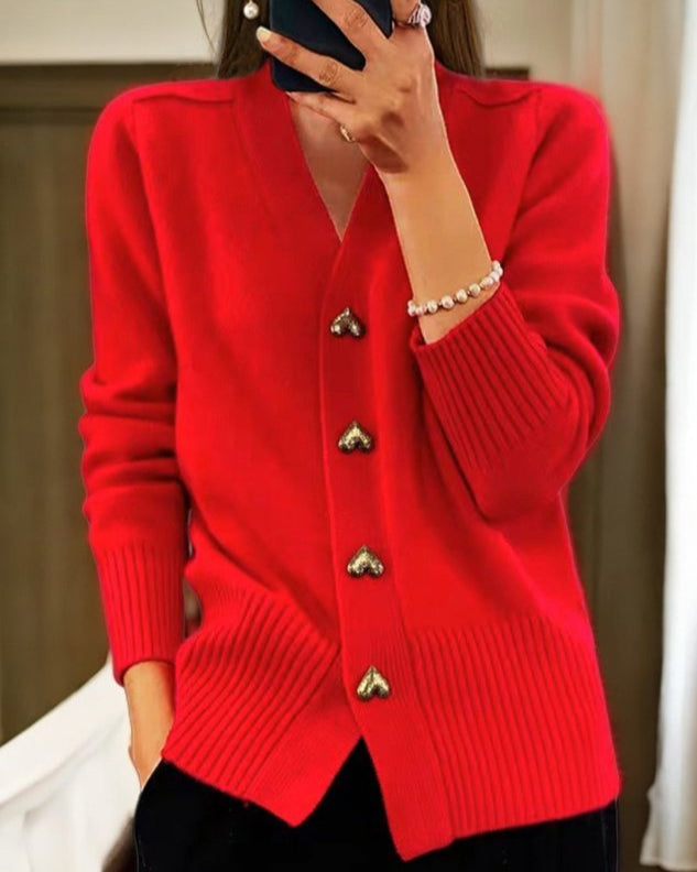 Marenthea | Women's Cozy V-Neck Knit Cardigan, Heart Buttons — Red