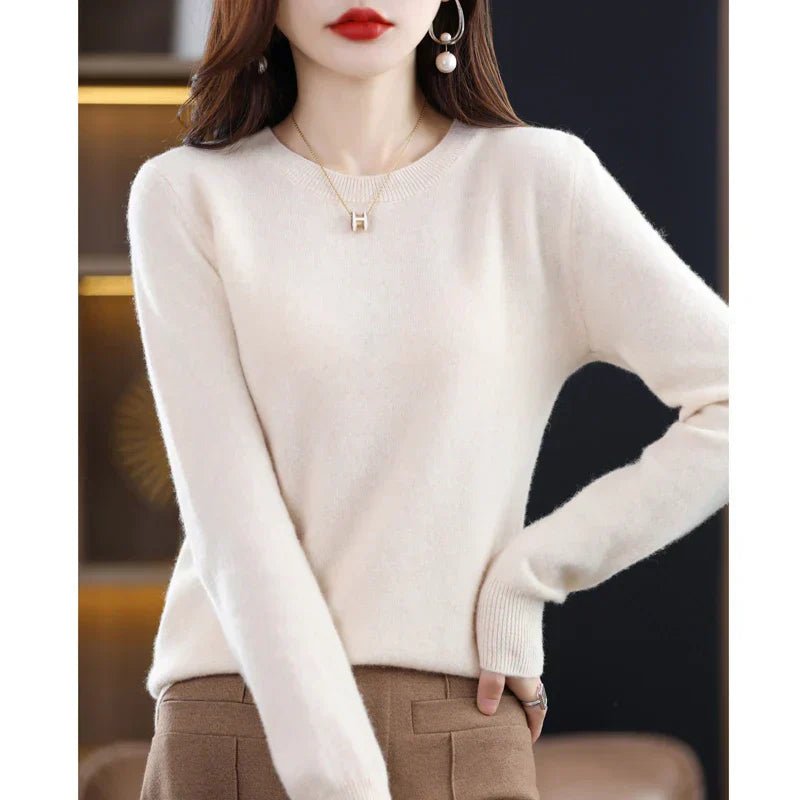 Marloine | Women's Cozy Classic and Comfortable Cashmere Crew Neck Sweater — Beige