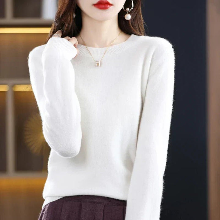 Marloine | Women's Cozy Classic and Comfortable Cashmere Crew Neck Sweater — White