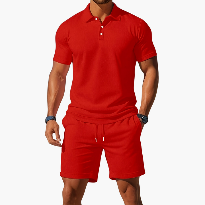  A model displays a casual summer two piece outfit with side pocket shorts on a plain background.