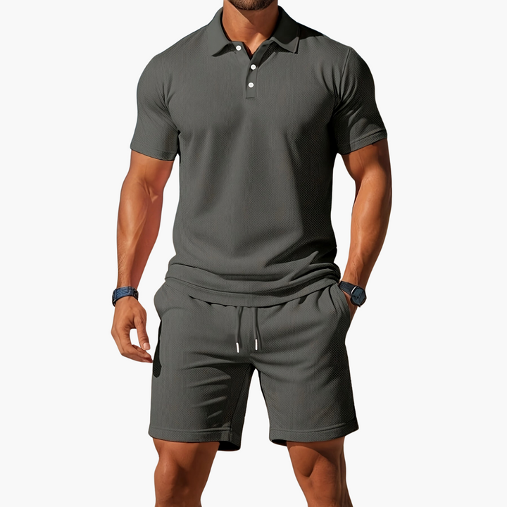  A model wears a relaxed polo set with short sleeve