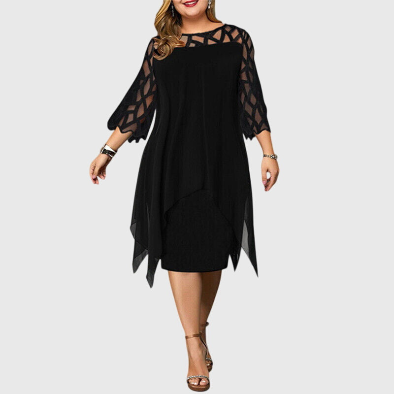 Mira | Women's Wedding Guest Elegant Chiffon Midi Dress with Lace Sleeves Dresses — Black