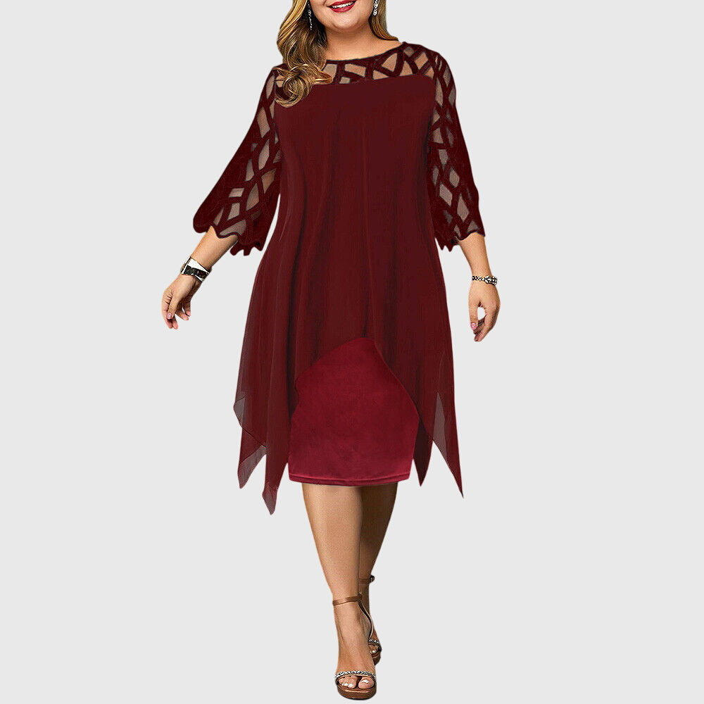 Mira | Women's Wedding Guest Elegant Chiffon Midi Dress with Lace Sleeves Dresses — Burgundy