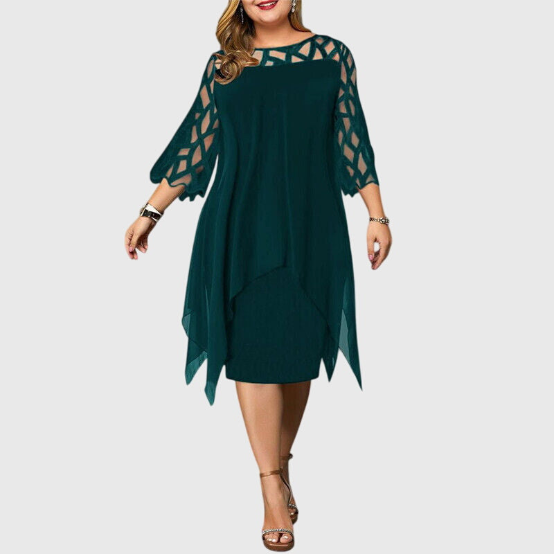 Mira | Women's Wedding Guest Elegant Chiffon Midi Dress with Lace Sleeves Dresses — Green