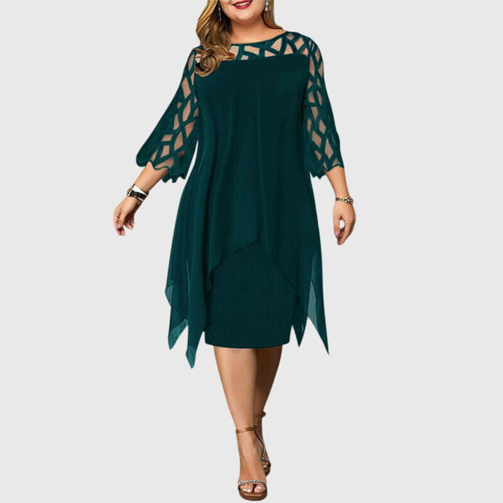 Mira | Women's Wedding Guest Elegant Chiffon Midi Dress with Lace Sleeves Dresses — Green
