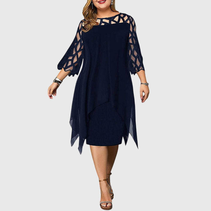 Mira | Women's Wedding Guest Elegant Chiffon Midi Dress with Lace Sleeves Dresses — Navy