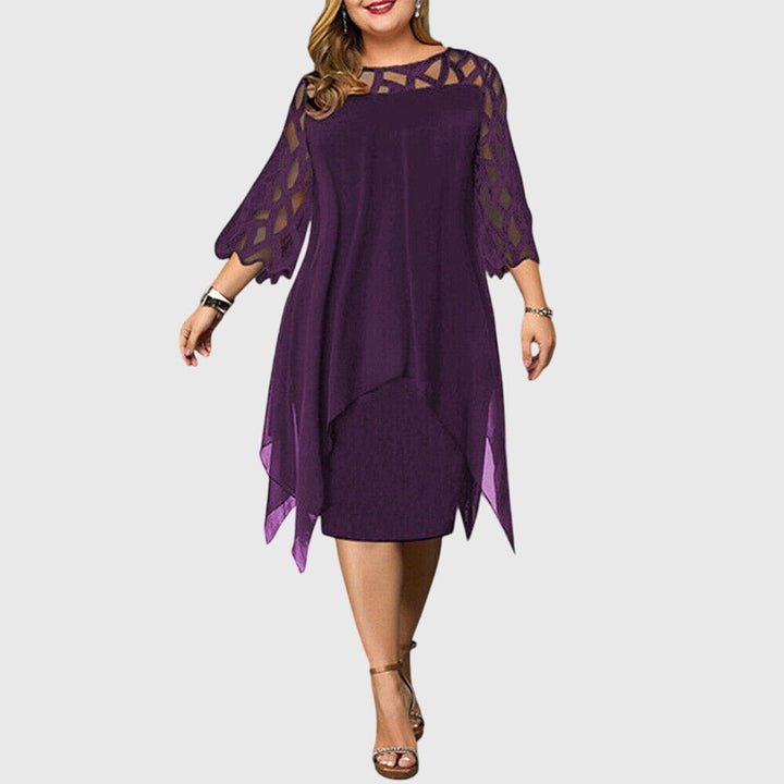 Mira | Women's Wedding Guest Elegant Chiffon Midi Dress with Lace Sleeves Dresses — Purple