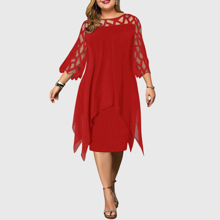 Mira | Women's Wedding Guest Elegant Chiffon Midi Dress with Lace Sleeves Dresses — Red