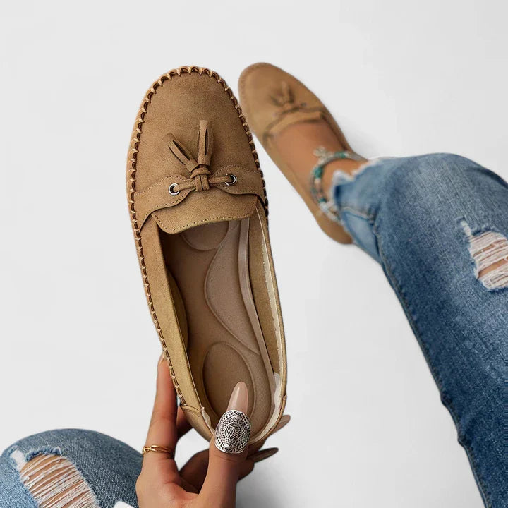 Mirabelle | Women's Orthopedic Comfort Suede Bow Loafers Tassel Detail Slip-On Flat — Brown