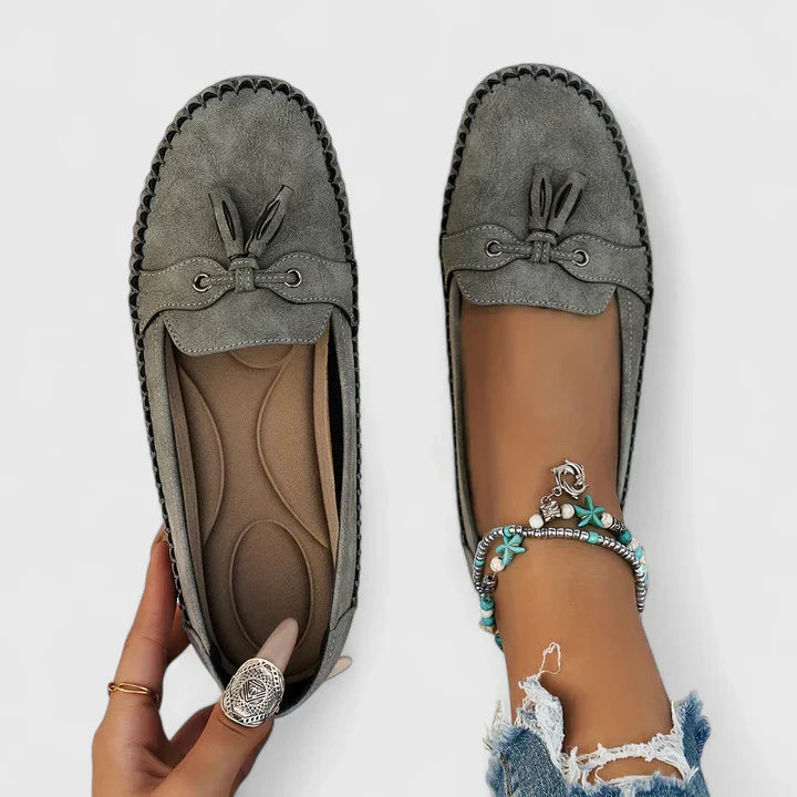 Mirabelle | Women's Orthopedic Comfort Suede Bow Loafers Tassel Detail Slip-On Flat — Grey