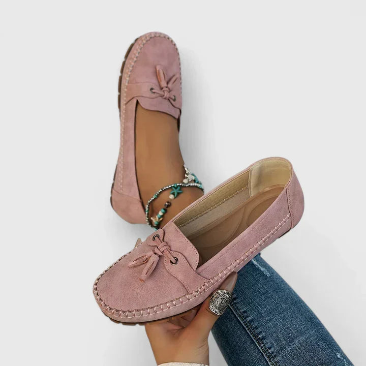 Mirabelle | Women's Orthopedic Comfort Suede Bow Loafers Tassel Detail Slip-On Flat — Pink