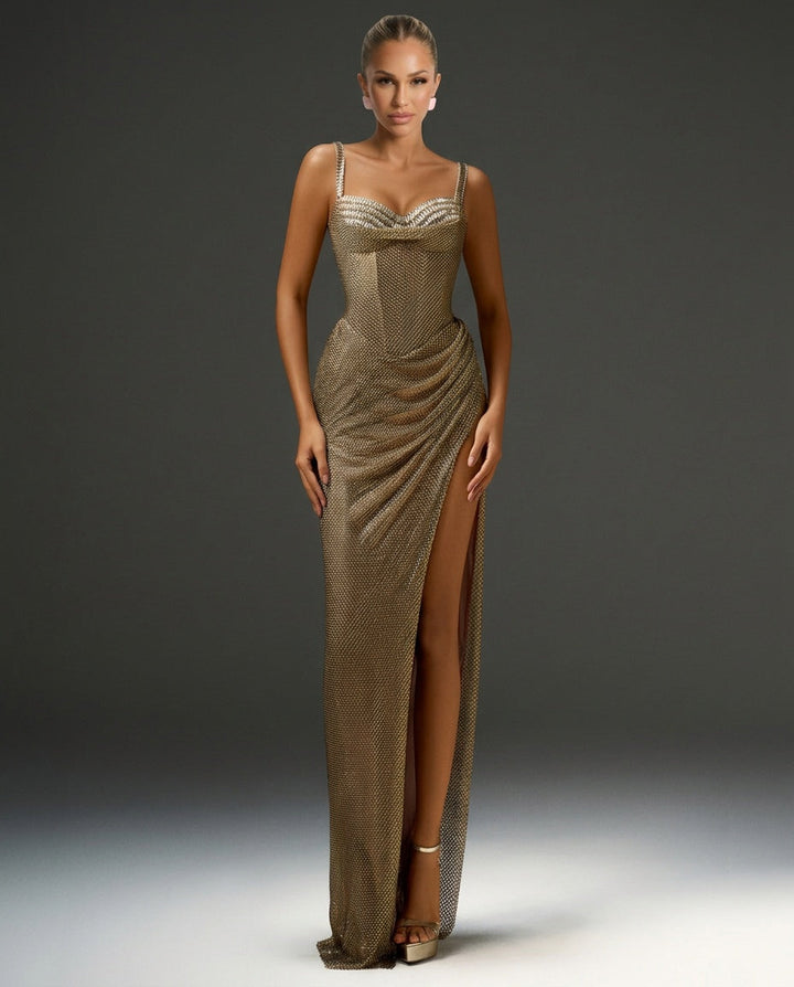 Miraienne — Rhinestone Mesh Corset Ruched High Slit Maxi Dress