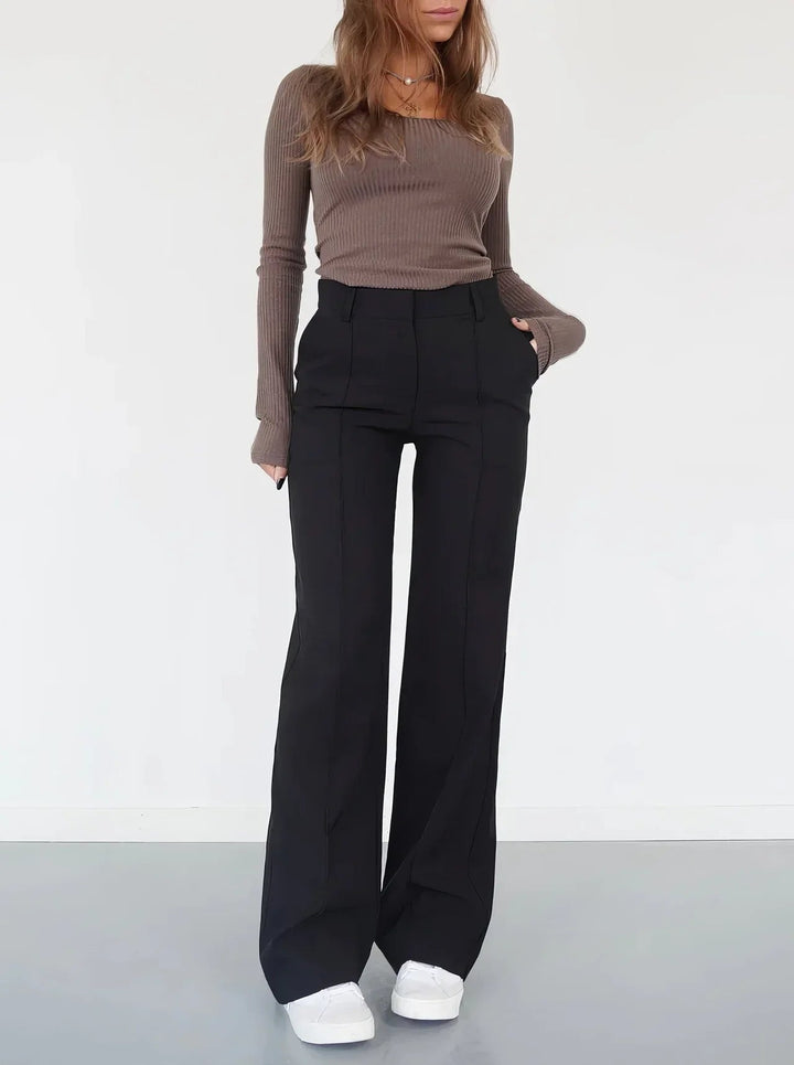 Miraora | Women's Wide-Leg Linen Waist Wide Leg Trousers with Front Seam Detail and Pockets — Black