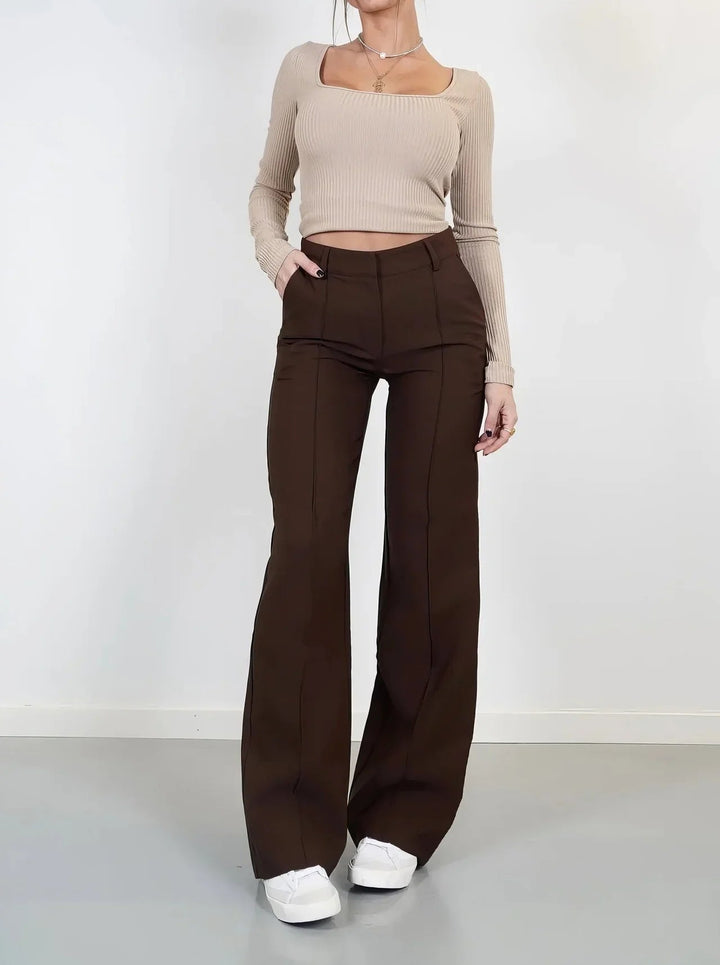 Miraora | Women's Wide-Leg Linen Waist Wide Leg Trousers with Front Seam Detail and Pockets — Brown
