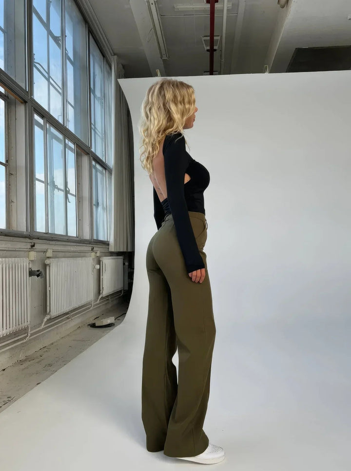 Miraora | Women's Wide-Leg Linen Waist Wide Leg Trousers with Front Seam Detail and Pockets — Green