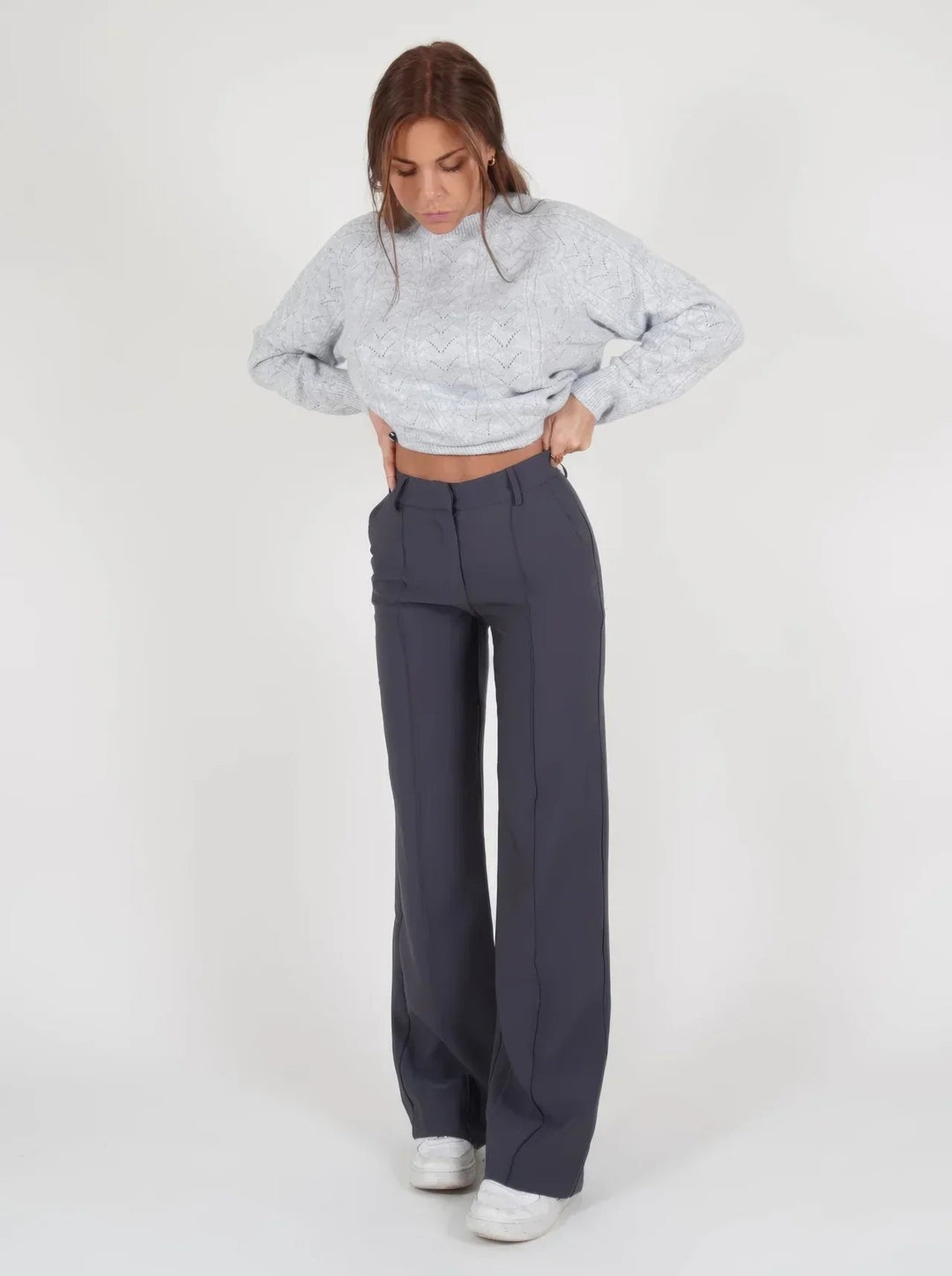 Miraora | Women's Wide-Leg Linen Waist Wide Leg Trousers with Front Seam Detail and Pockets — Grey