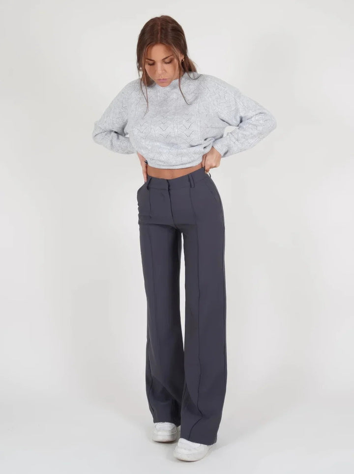 Miraora | Women's Wide-Leg Linen Waist Wide Leg Trousers with Front Seam Detail and Pockets — Grey
