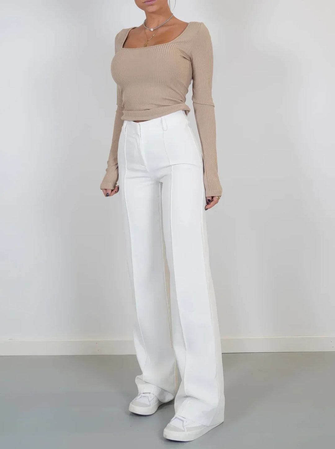Miraora | Women's Wide-Leg Linen Waist Wide Leg Trousers with Front Seam Detail and Pockets — White