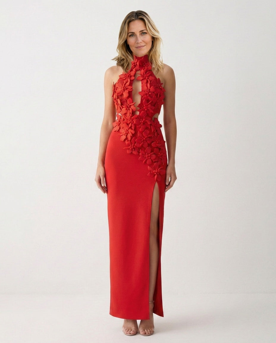 Miraphine — 3D Floral Halter Neck Bandage Maxi