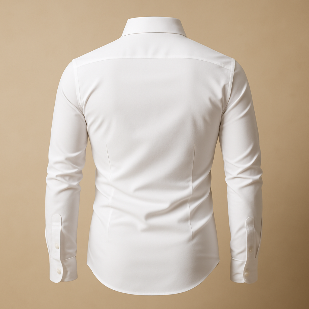 A formal button-front shirt with detailed cuff accents on a plain background.