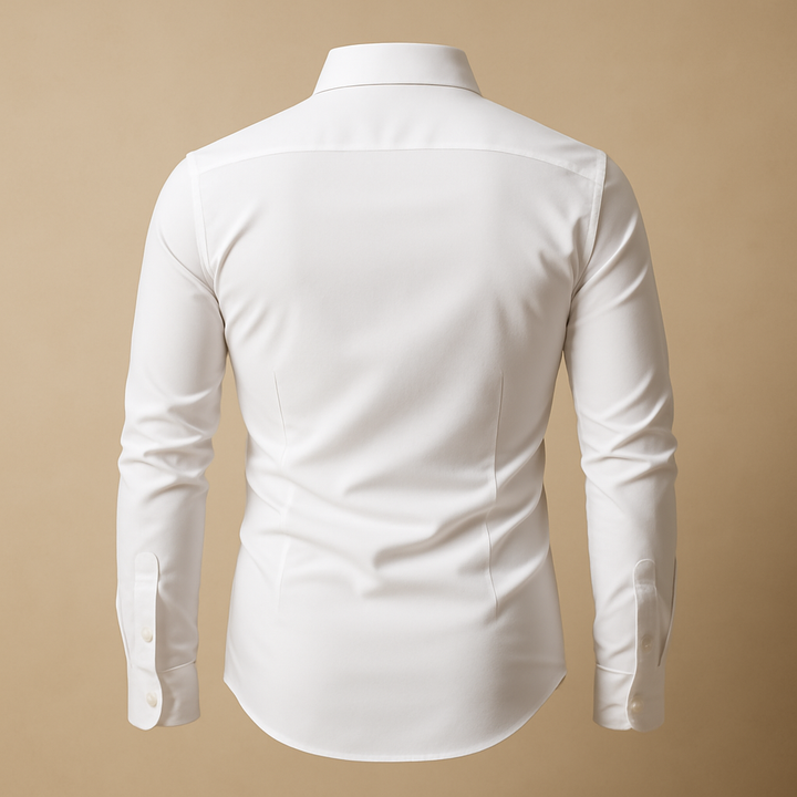 A formal button-front shirt with detailed cuff accents on a plain background.