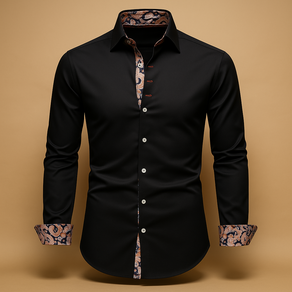 A  formal shirt with rolled sleeves and contrast trim on a plain background