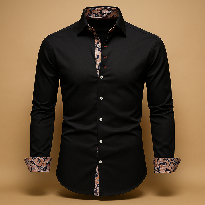 A  formal shirt with rolled sleeves and contrast trim on a plain background