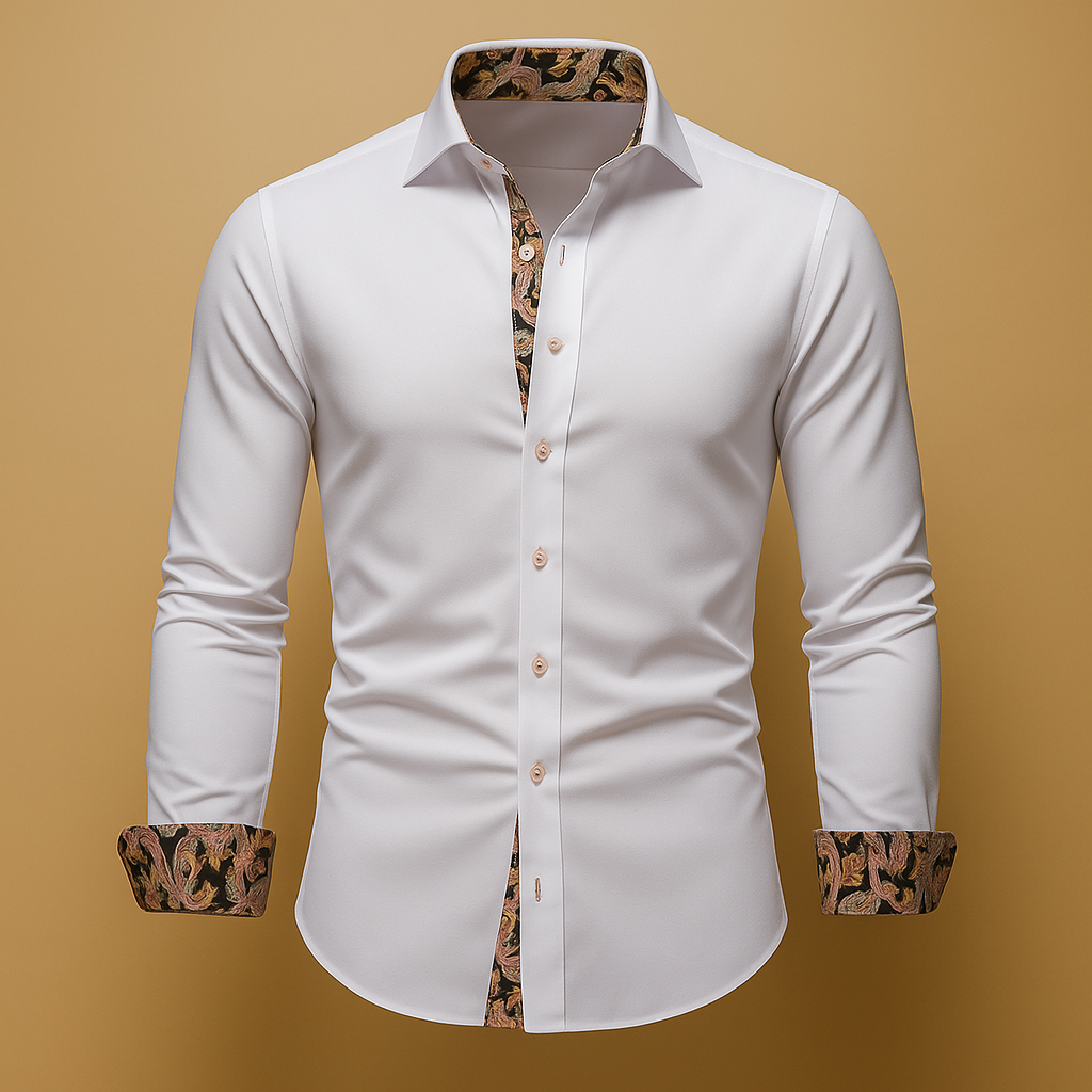 A long-sleeve button-up shirt with contrast cuffs against a plain background.