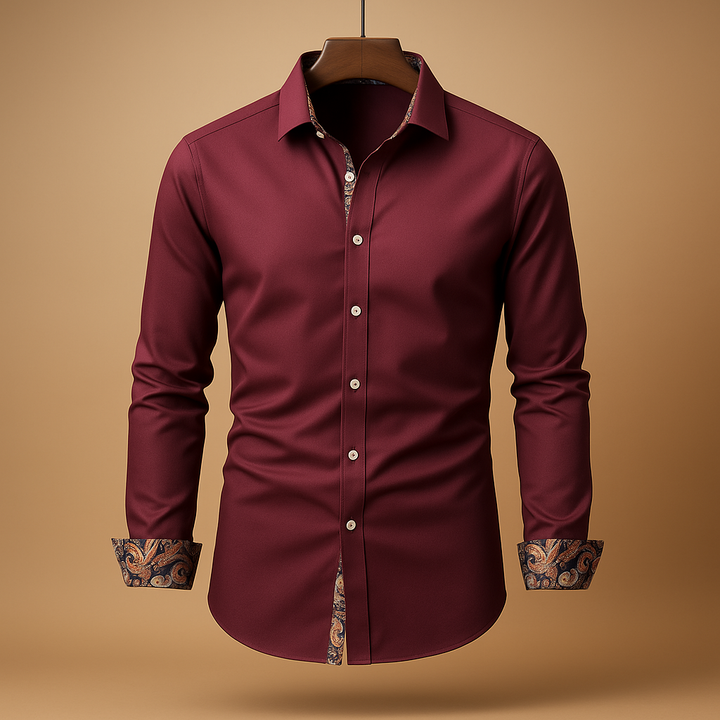 A classic formal shirt with rolled sleeves and contrast trim on a plain backgroun