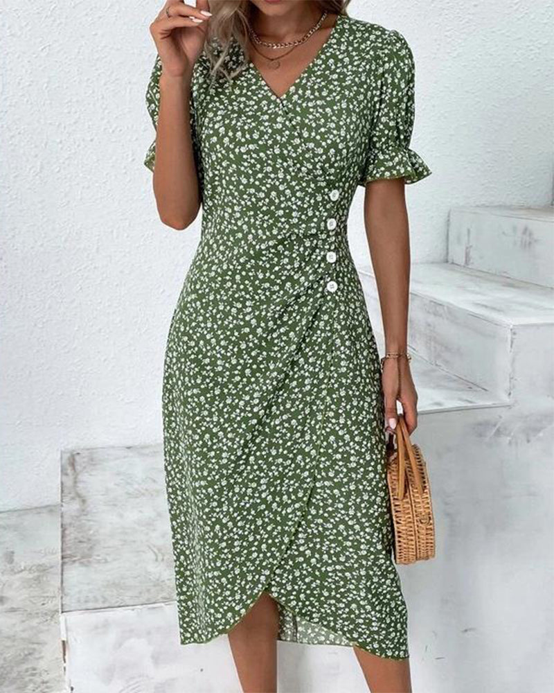 Nadia | Women's Wedding Guest Elegant Floral Bloom V-Neck Midi Dress Dresses — Green