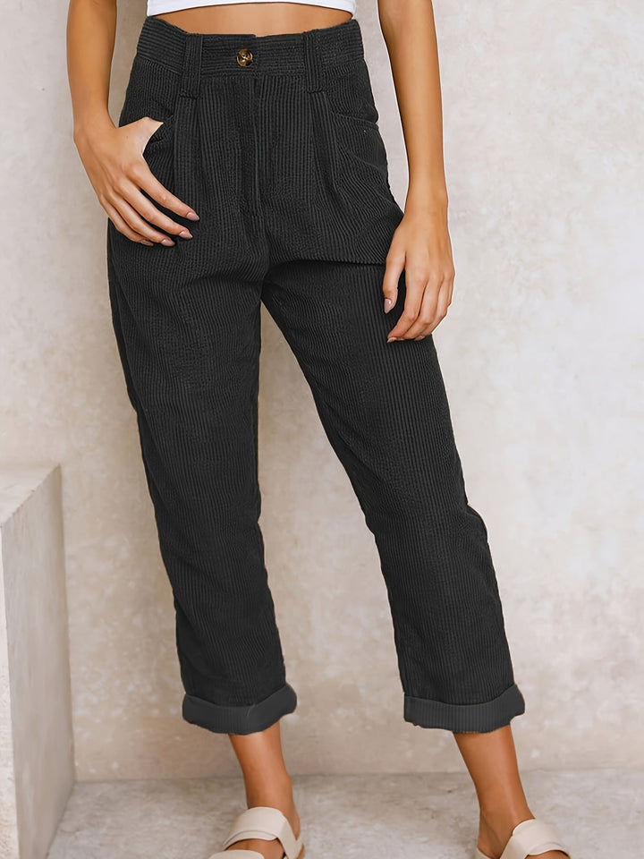 Nerinaria | Women's Casual Corduroy Relaxed Fit Tapered Pants — Black