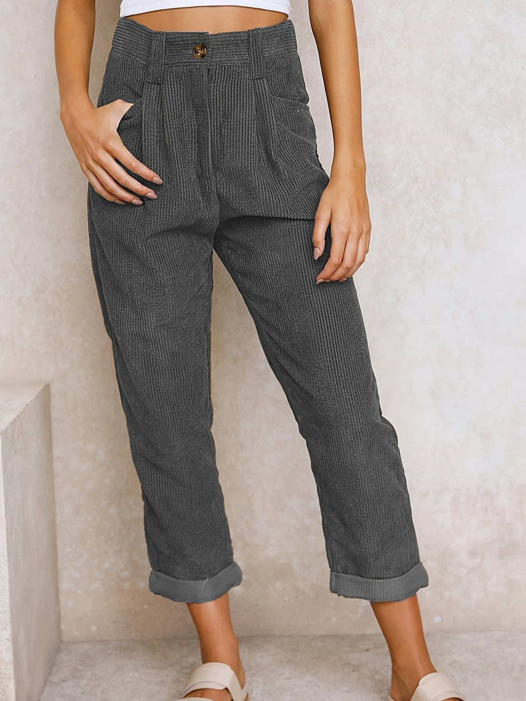 Nerinaria | Women's Casual Corduroy Relaxed Fit Tapered Pants — Gray