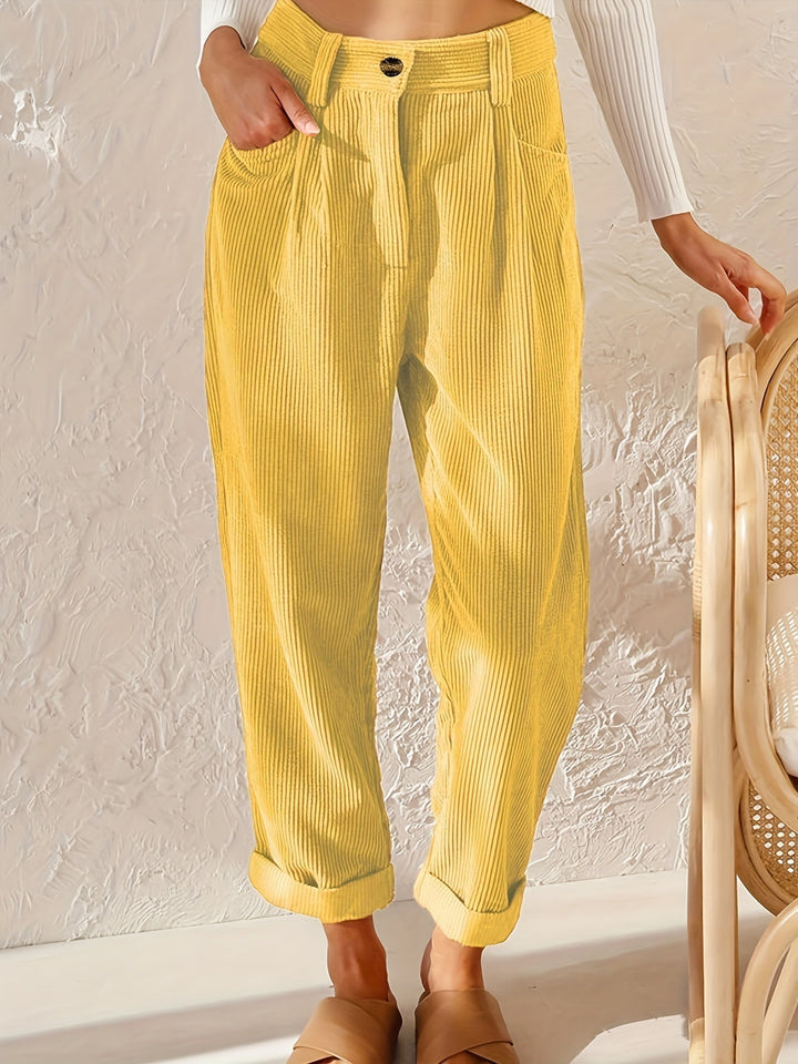 Nerinaria | Women's Casual Corduroy Relaxed Fit Tapered Pants — Yellow