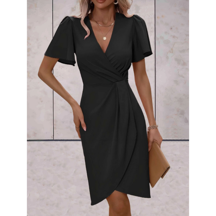 Nerinora | Women's Elegant Wrap Midi Dress V-Neck Flutter Sleeve Belted Occasion Dress — Black