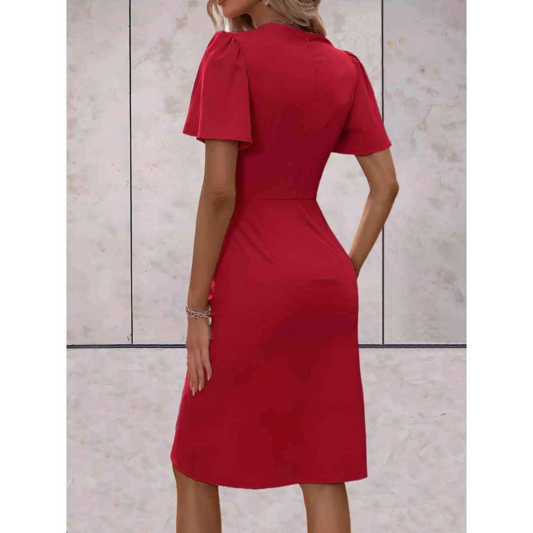 Nerinora | Women's Elegant Wrap Midi Dress V-Neck Flutter Sleeve Belted Occasion Dress — 2