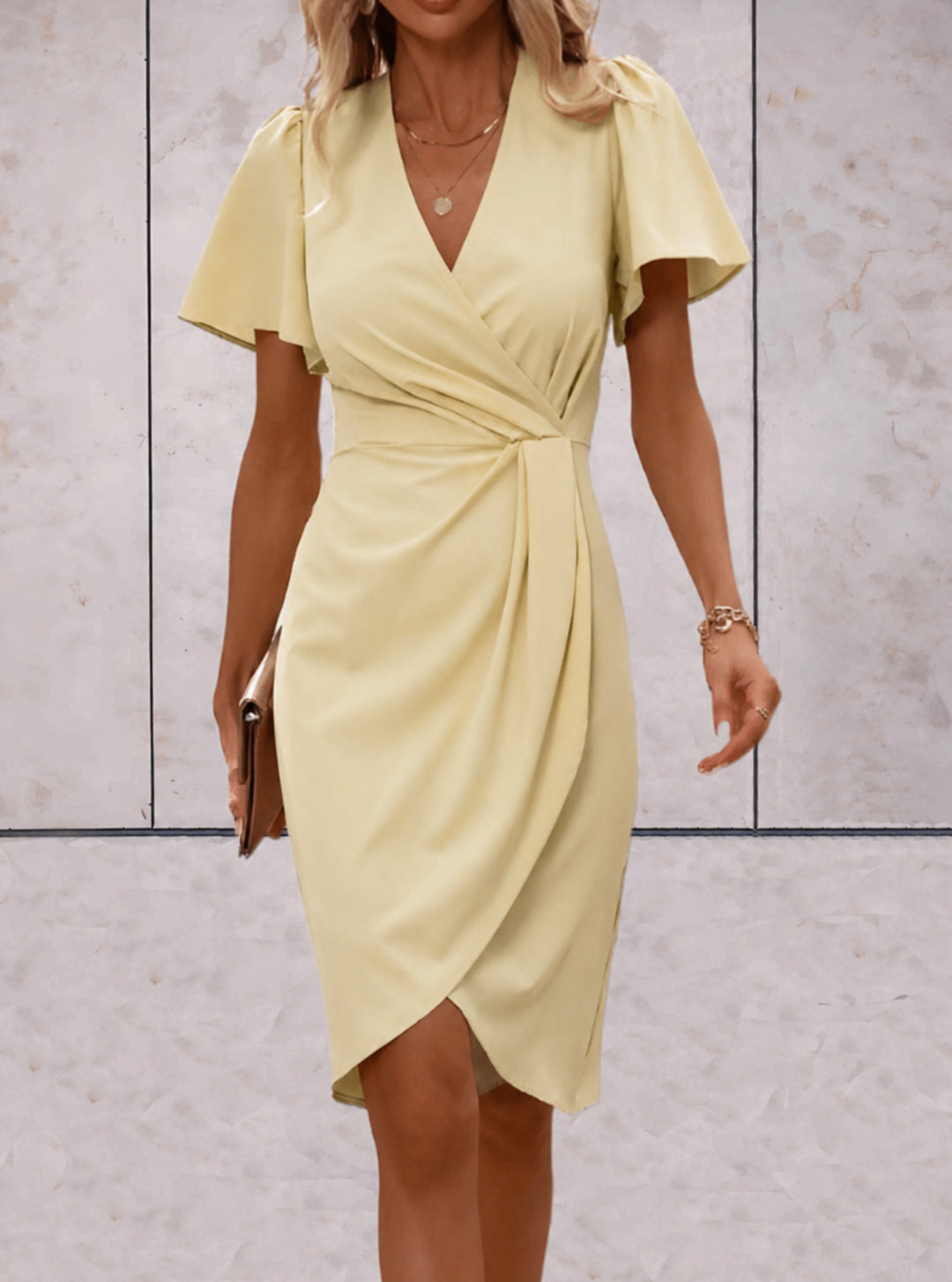 Nerinora | Women's Elegant Wrap Midi Dress V-Neck Flutter Sleeve Belted Occasion Dress — Brown