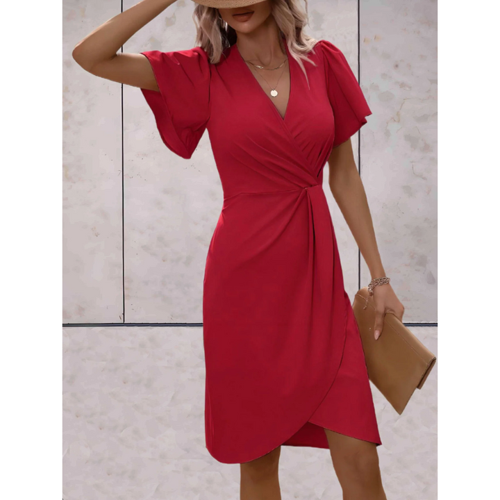 Nerinora | Women's Elegant Wrap Midi Dress V-Neck Flutter Sleeve Belted Occasion Dress — Red