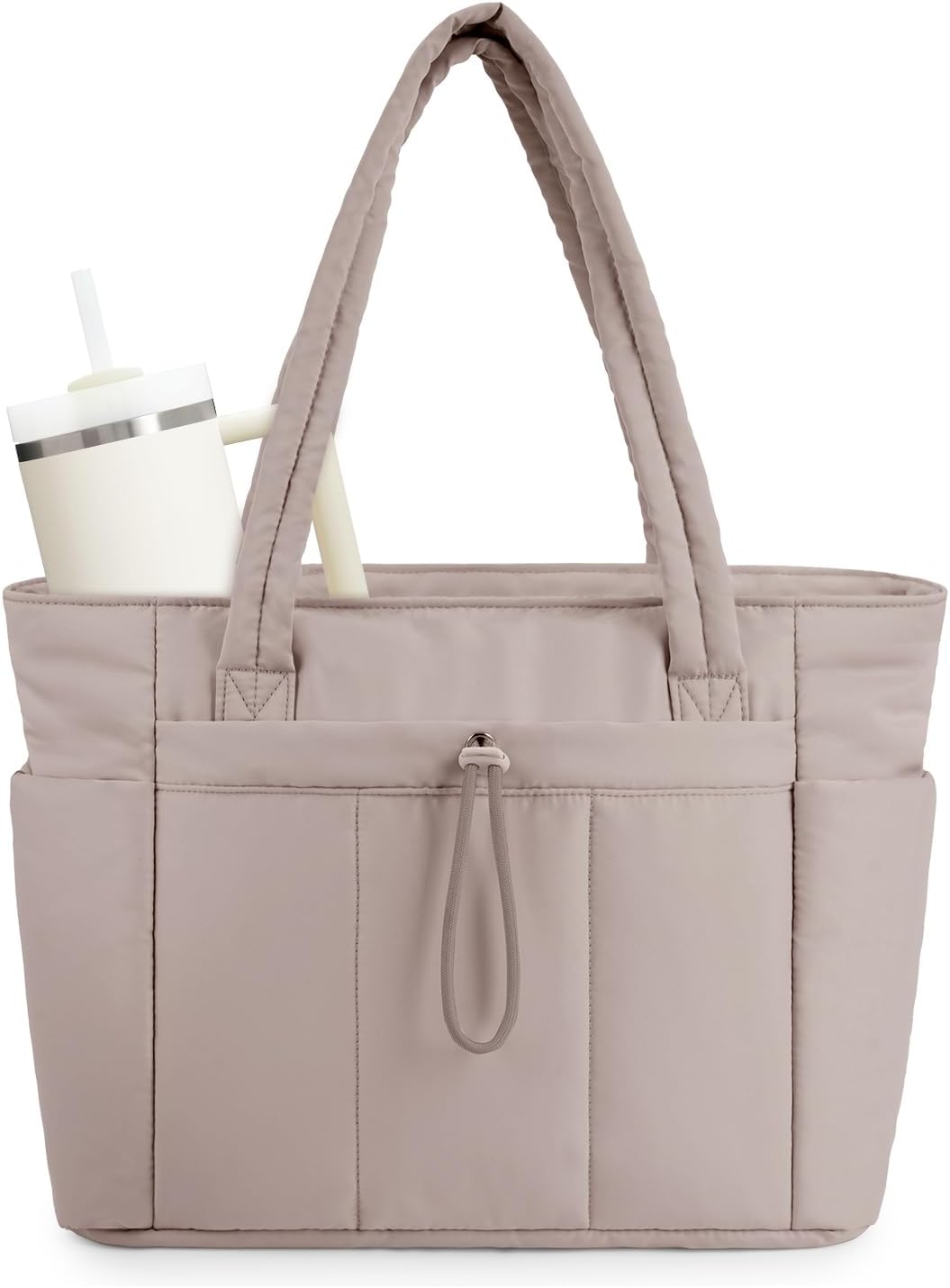 Ninonmora | Women's Casual Stretch Quilted Puffer Tote Bag with Laptop Sleeve and Cup Holder — Beige