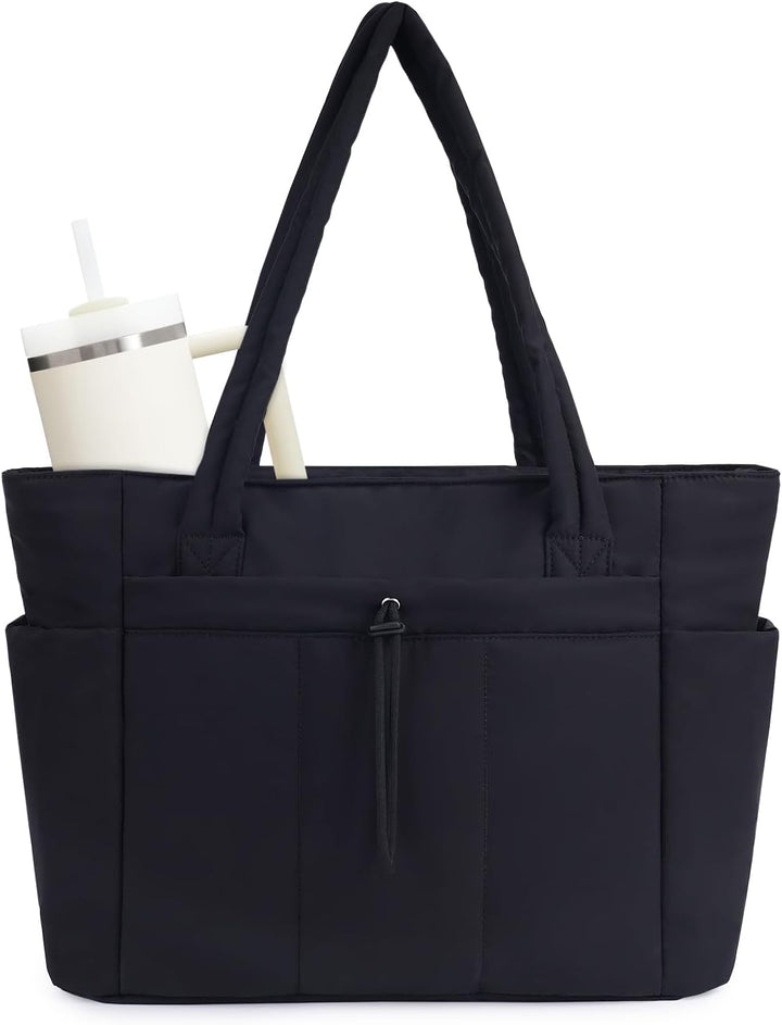 Ninonmora | Women's Casual Stretch Quilted Puffer Tote Bag with Laptop Sleeve and Cup Holder — Black