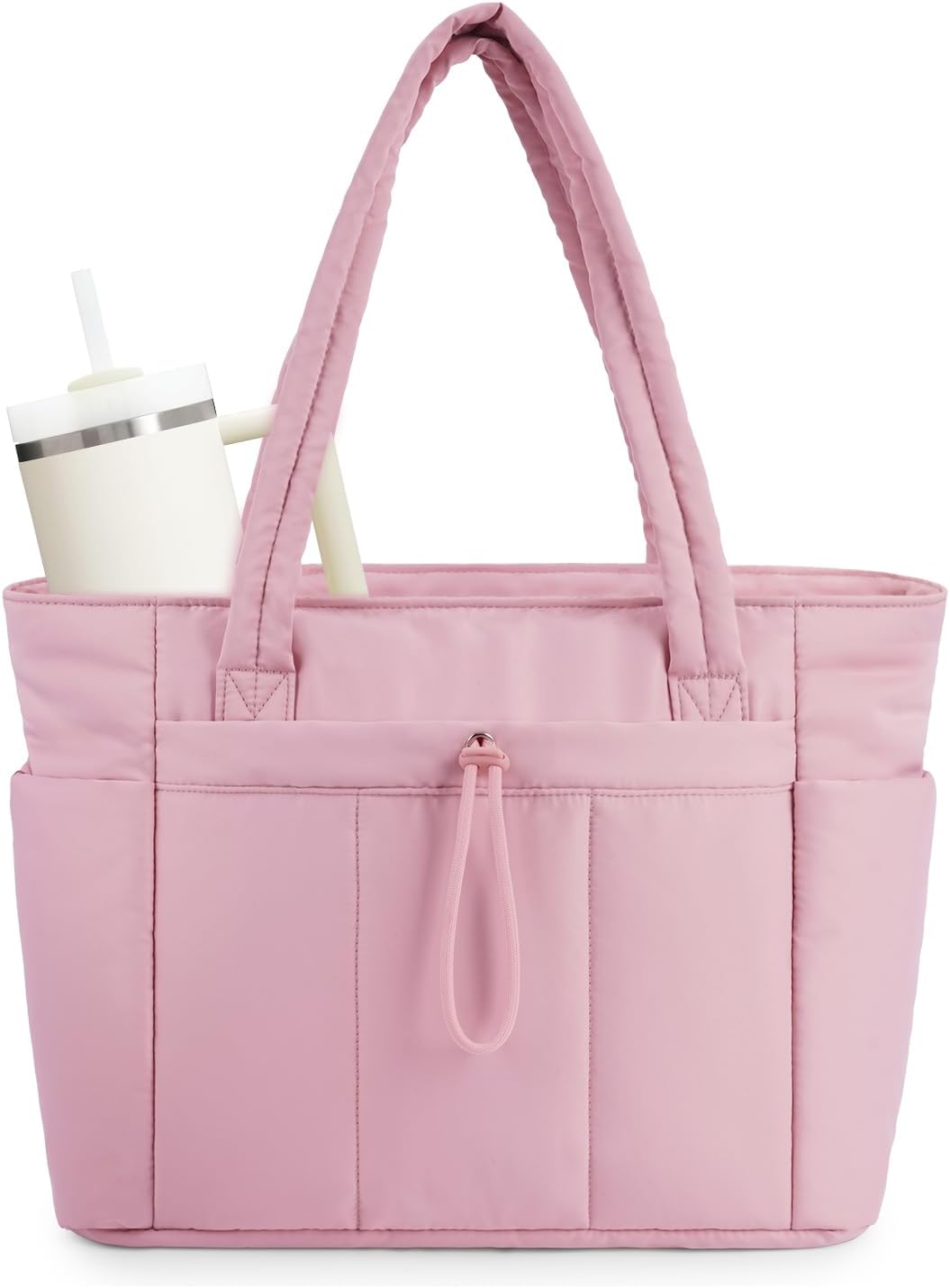 Ninonmora | Women's Casual Stretch Quilted Puffer Tote Bag with Laptop Sleeve and Cup Holder — Pink