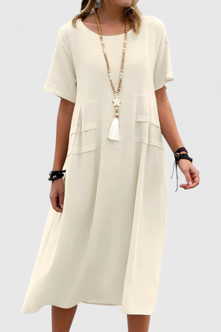 Noelle | Women's Wedding Guest Elegant Casual Midi Dress with Patch Pockets Dresses — Beige