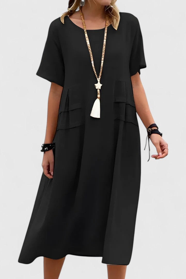 Noelle | Women's Wedding Guest Elegant Casual Midi Dress with Patch Pockets Dresses — Black